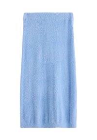Ljusblå, knälång fluffig kjol med rak silhuett och elastisk midja, visad mot vit bakgrund.