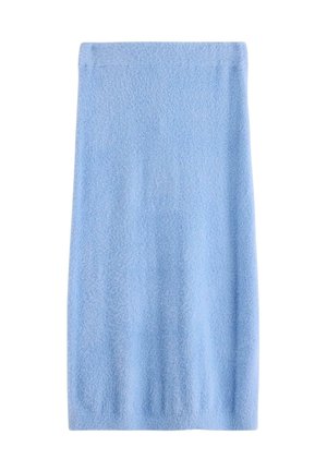 Ljusblå, knälång fluffig kjol med rak silhuett och elastisk midja, visad mot vit bakgrund.