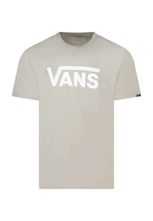 Camiseta de algodón beige con un gran logotipo blanco de "VANS". Mangas cortas y un diseño clásico de cuello redondo. Textura suave, ajuste casual.