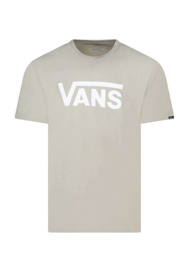 Camiseta de algodón beige con un gran logotipo blanco de "VANS". Mangas cortas y un diseño clásico de cuello redondo. Textura suave, ajuste casual.