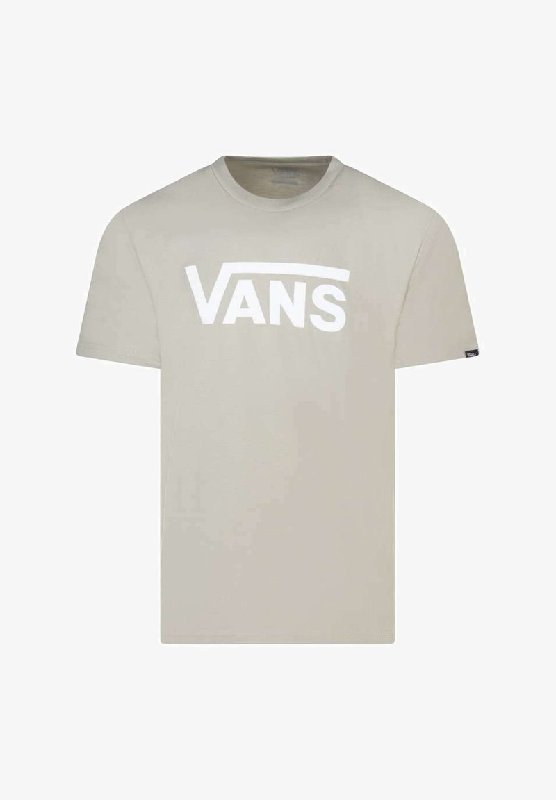 Camiseta de algodón beige con un gran logotipo blanco de "VANS". Mangas cortas y un diseño clásico de cuello redondo. Textura suave, ajuste casual.