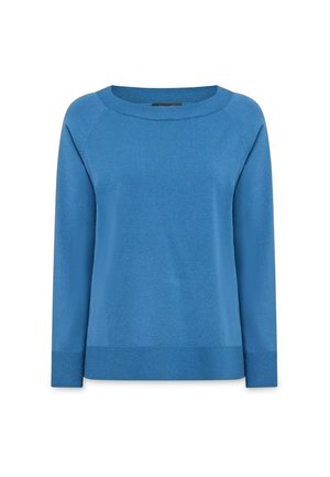 Suéter azul de manga larga con cuello redondo, fabricado con tela suave, presenta un corte relajado y un dobladillo acanalado con un diseño minimalista.