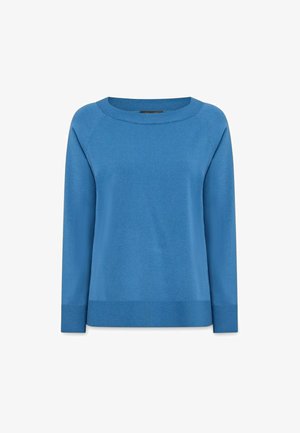Pull bleu à manches longues avec un col rond, fabriqué en tissu doux, doté d'une coupe décontractée et d'un ourlet côtelé avec un minimum de détails.