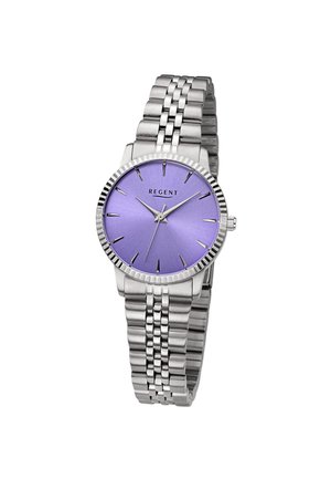 Silver metal wristwatch with a purple face, silver hour markers, three hands, and a linked metal band.