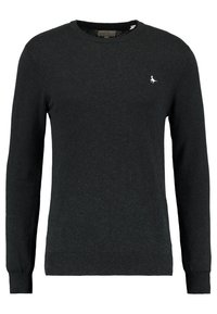 Ciemnoszary wełniany sweter z długimi rękawami, okrągłym dekoltem oraz ściągaczami na mankietach i dole. Na piersi znajduje się małe białe logo.