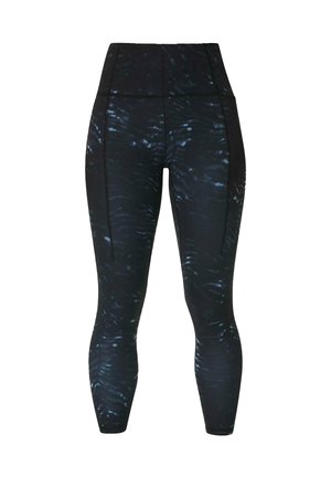 Zwarte sportleggings met een hoge taille, subtiele donkerblauwe abstracte patronen en verticale naaddetails aan de voorkant en zijkanten.