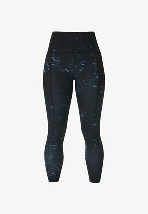 Zwarte sportleggings met een hoge taille, subtiele donkerblauwe abstracte patronen en verticale naaddetails aan de voorkant en zijkanten.