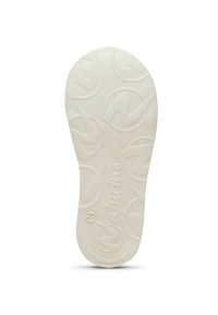 Suela de goma blanca con patrón en relieve y nombre de la marca. Presenta forma redondeada y superficie texturizada para un mejor agarre. Tamaño indicado como "20".