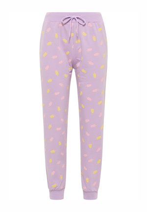 Hellblaue Sweatpants mit einem verstreuten Muster aus gelben und rosa Eiscreme-Eis am Stiel, elastischem Bund mit Kordelzug und Bündchen.