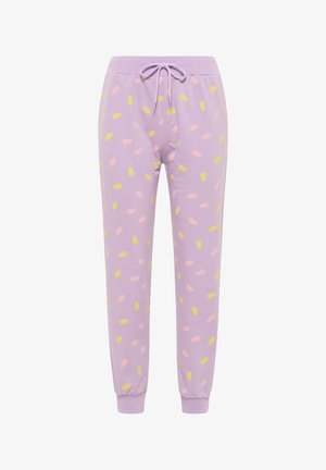Světle fialové tepláky s rozptýleným vzorem žlutých a růžových zmrzlinových nanuků, elastickým pasem se šňůrkou a manžetami.