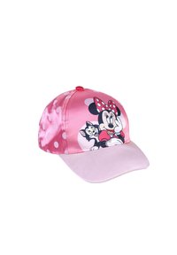 Rosa Kappe mit glänzender Satinoberfläche. Auf der Vorderseite ist eine Grafik eines Charakters mit einer schwarz-weißen Katze abgebildet, mit einem gepunkteten Muster an der Seite.