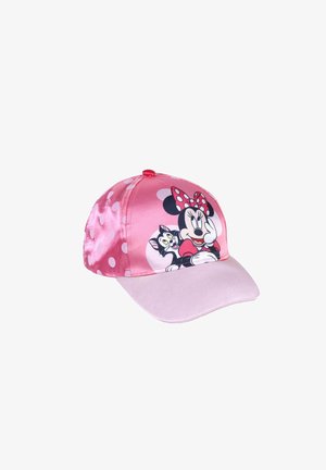 Gorra rosa con un acabado satinado brillante. Presenta un gráfico de un personaje con un gato blanco y negro, acentuado por lunares en el lateral.