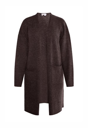 Cárdigan largo de apertura frontal en un tejido texturizado marrón oscuro. Presenta mangas largas y dos bolsillos frontales. Diseño simple, sin adornos.