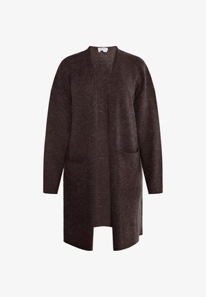 Langer, offener Cardigans aus einem dunkelbraunen, strukturierten Stoff. Mit langen Ärmeln und zwei Vorderaschen. Schlichtes, unauffälliges Design.