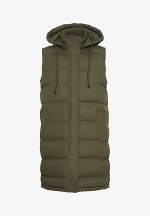 Oliven grønn puffervest med hette, glidelås foran, justerbare snorene og to sidelommer. Har quiltet polstring for isolasjon.