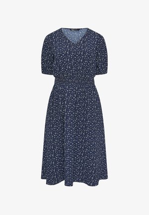 Robe bleu marine jusqu'aux genoux avec motif floral blanc, col en V, manches courtes bouffantes et taille élastique.