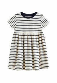 Sukienka w paski z krótkimi rękawami, prążkowana, w kolorze kremowym z poziomymi niebieskimi paskami. Rozkloszowany design spódnicy z marszczoną talią.