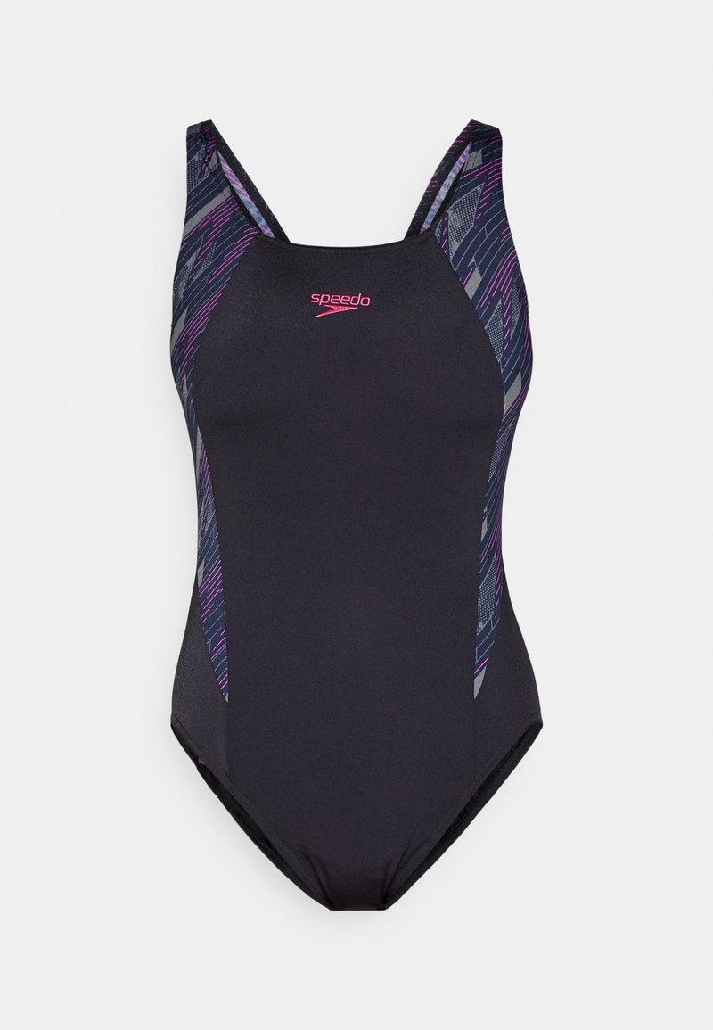 Maillot de bain noir avec des accents en violet et gris, présentant un design sportif et des bretelles ajustables. Fabriqué en matériau extensible et à séchage rapide.