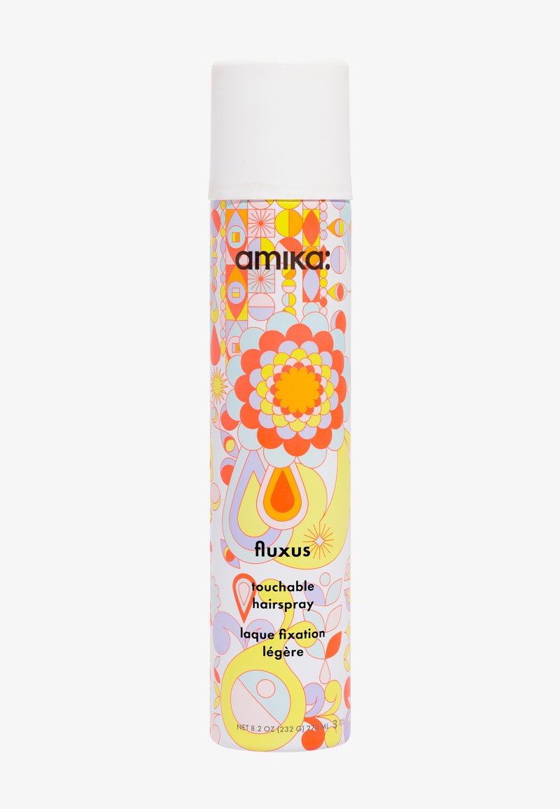 La laque Amika Fluxus tactile, flacon de 8,2 oz, présente un design géométrique coloré avec des accents orange, rose, jaune et blanc.