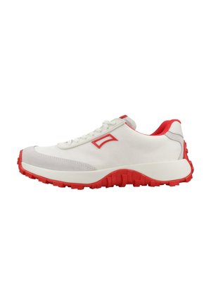 White athletic shoes with a textured red sole, red accents on the heel and lace area, and gray detailing on the toe. Lightweight design.