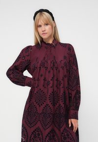 Burgundy dress with intricate black embroidery featuring floral and geometric patterns, long sleeves, high collar, and pleated detailing.