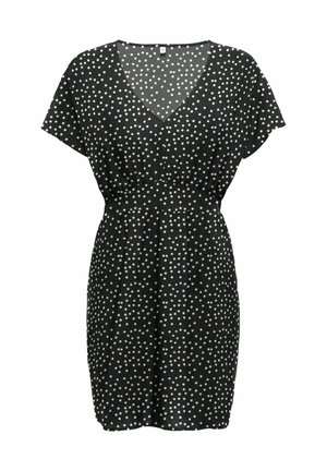 Robe noire à manches courtes et encolure en V, avec des pois blancs, taille cintrée et ourlet à la longueur du genou.