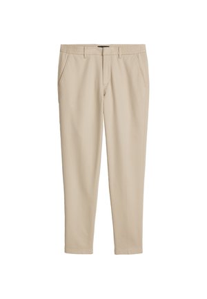 Beige slim-fit broek met zijzakken, lussen voor een riem en een elastische tailleband aan de achterkant voor verstelbaar comfort en pasvorm.
