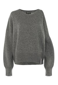 Ciemnoszary, robiony na drutach sweter z długim rękawem i okrągłym dekoltem, z prążkowanym wykończeniem rękawów i dolnej krawędzi, luźny krój oraz mała metka przy dolnej krawędzi.