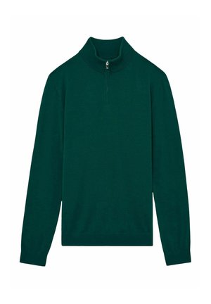 Zeleni zip-up pulover od mekog pletenog materijala. Ima visoki ovratnik i duge rukave s rebrastim manžetama i donjim rubom. Jednostavan, neukrašen dizajn.