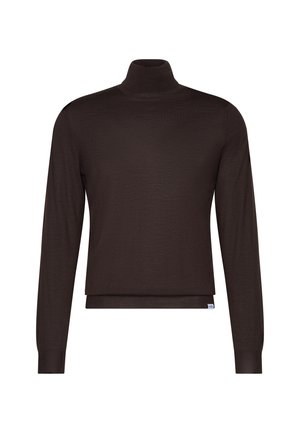 Pull à col roulé marron foncé à manches longues avec poignets et ourlet côtelés, en tissu lisse, présenté sur fond blanc.