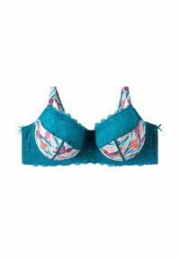 Soutien-gorge en dentelle teal avec des bonnets à motif floral. Bords festonnés décoratifs et accents de nœud. Bretelles réglables avec un design floral multicolore.