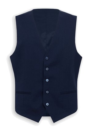 Gilet formale blu navy con cinque bottoni sulla parte anteriore e due tasche a filetto, senza maniche con scollo a V.