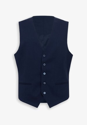 Chaleco formal azul marino con cinco botones al frente y dos bolsillos de filo, sin mangas y con diseño de escote en V.