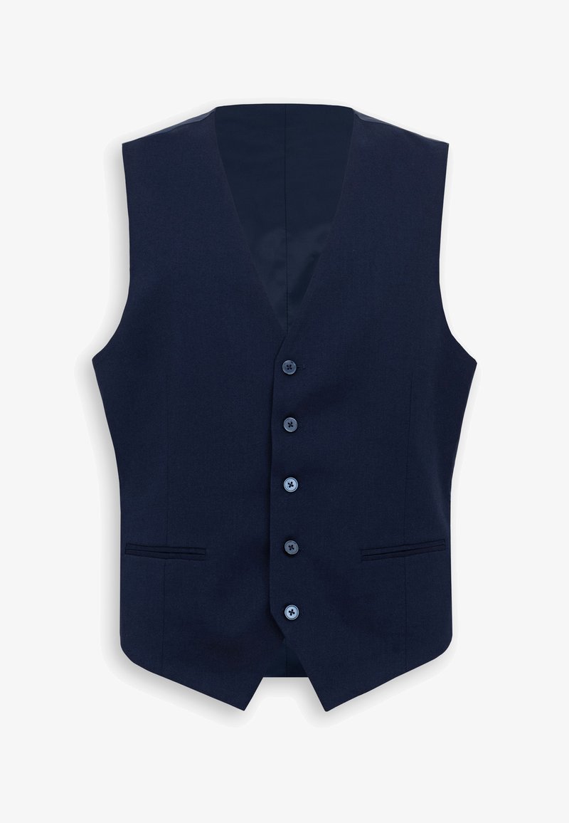 Granatowa formalna kamizelka z pięcioma guzikami z przodu i dwoma kieszeniami na przelot, bez rękawów, z dekoltem w serek.