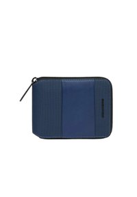 Portafoglio blu navy con cerniera, caratterizzato da una superficie testurizzata, dettagli in pelle liscia e motivi a contrasto per un maggiore interesse visivo.
