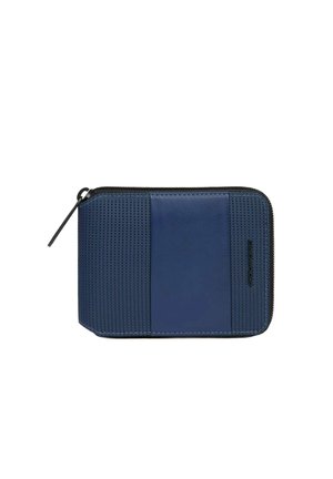 Portafoglio blu navy con cerniera, caratterizzato da una superficie testurizzata, dettagli in pelle liscia e motivi a contrasto per un maggiore interesse visivo.