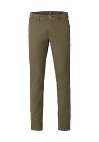 Slim-fit broek van olijfgroene katoen, met een knoopsluiting, standaardzakken en een gladde textuur met minimale stikseldetails.