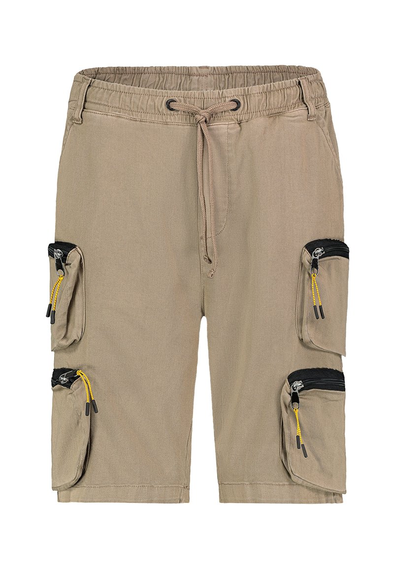 Beige Cargo-Shorts mit einem elastischen Bund, verstellbarem Kordelzug und vier Reißverschlusstaschen mit schwarzen und gelben Akzenten.