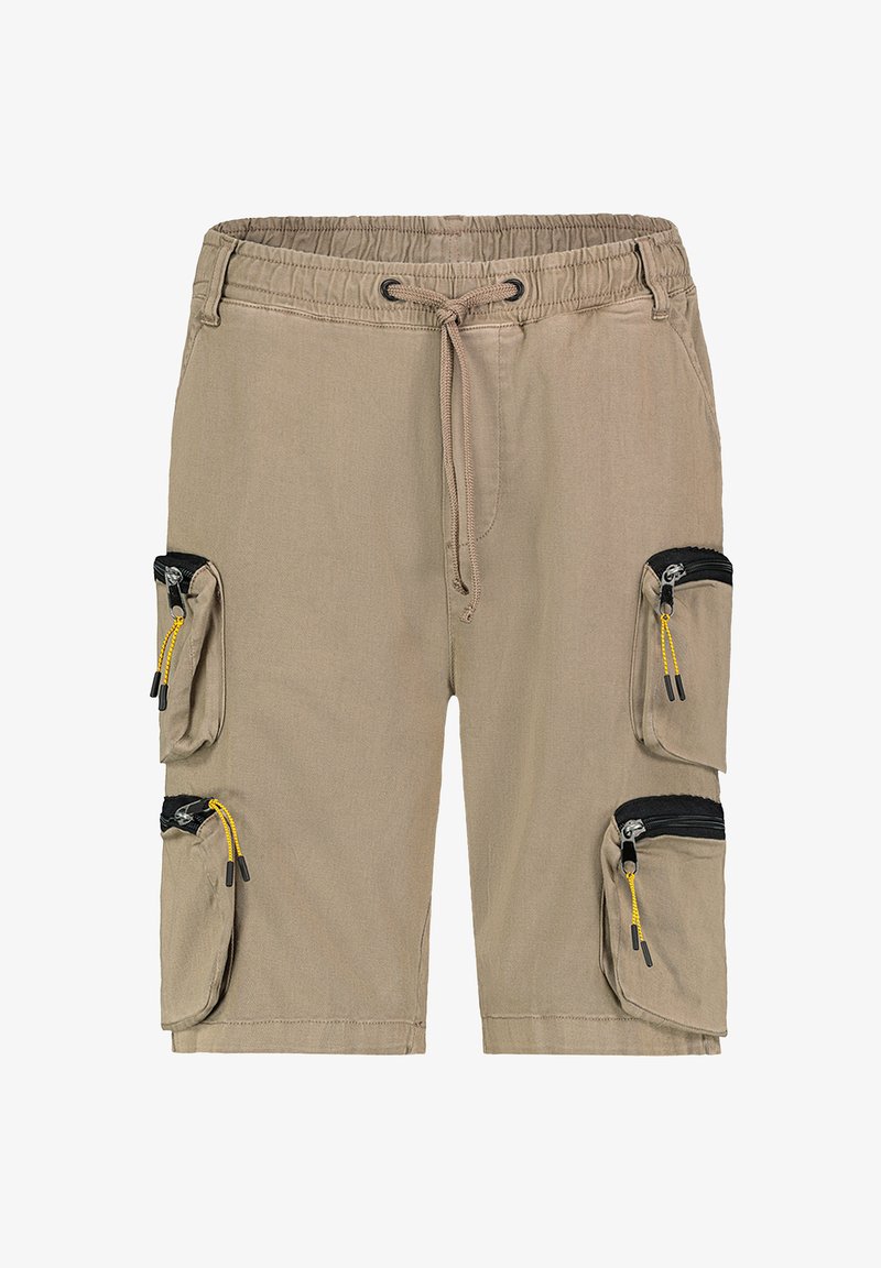 Beige Cargo-Shorts mit einem elastischen Bund, verstellbarem Kordelzug und vier Reißverschlusstaschen mit schwarzen und gelben Akzenten.