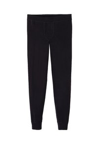 Leggings de algodón negros con un diseño ajustado, cintura elástica y puños acanalados. Presenta costuras en verde contraste a lo largo de las costuras.