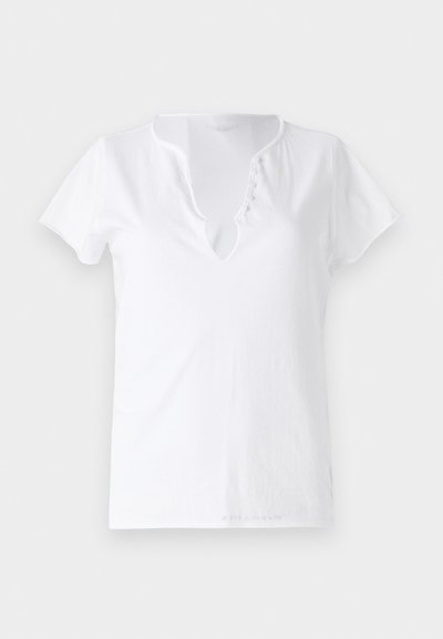 White cotton t-shirt with short sleeves, a relaxed fit, and a V-neckline featuring a placket with five decorative buttons.