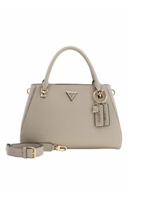 Sac à main en similicuir gris avec un design structuré, des ferrures dorées et une bandoulière amovible. Présente un logo triangulaire et des détails avec étiquettes.