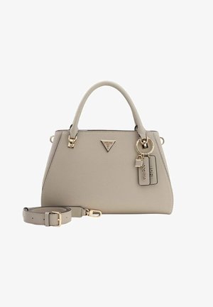 Sac à main en similicuir gris avec un design structuré, des ferrures dorées et une bandoulière amovible. Présente un logo triangulaire et des détails avec étiquettes.