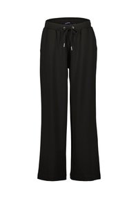 Zwarte, wijde broek van zacht materiaal. Voorzien van een elastische tailleband met een trekkoord en twee zijzakken. Glad textuur over de hele lengte.