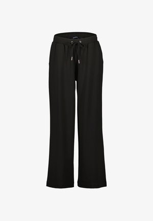 Schwarze, weite Hose aus weichem Material. Verfügt über einen elastischen Bund mit Kordelzug und zwei seitlichen Taschen. Gleichmäßige Textur über die gesamte Fläche.