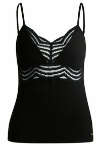Czarny top na cienkich ramiączkach, z koronkowym wykończeniem i wzorem w zygzak wzdłuż dekoltu i dołu. Gładka faktura materiału.