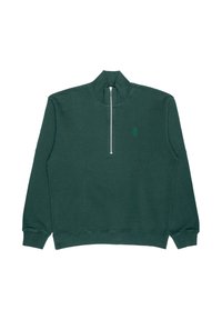 Sudadera verde oscuro con un alto cuello, cierre de media cremallera en la parte delantera y logo bordado. Fabricada con una suave tela texturada y puños y dobladillo de canalé.