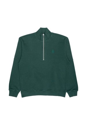 Dunkelgrüner Sweatshirt mit hohem Kragen, halbem Reißverschluss vorne und gesticktem Logo. Hergestellt aus weichem, strukturiertem Stoff mit gerippten Bündchen und Saum.
