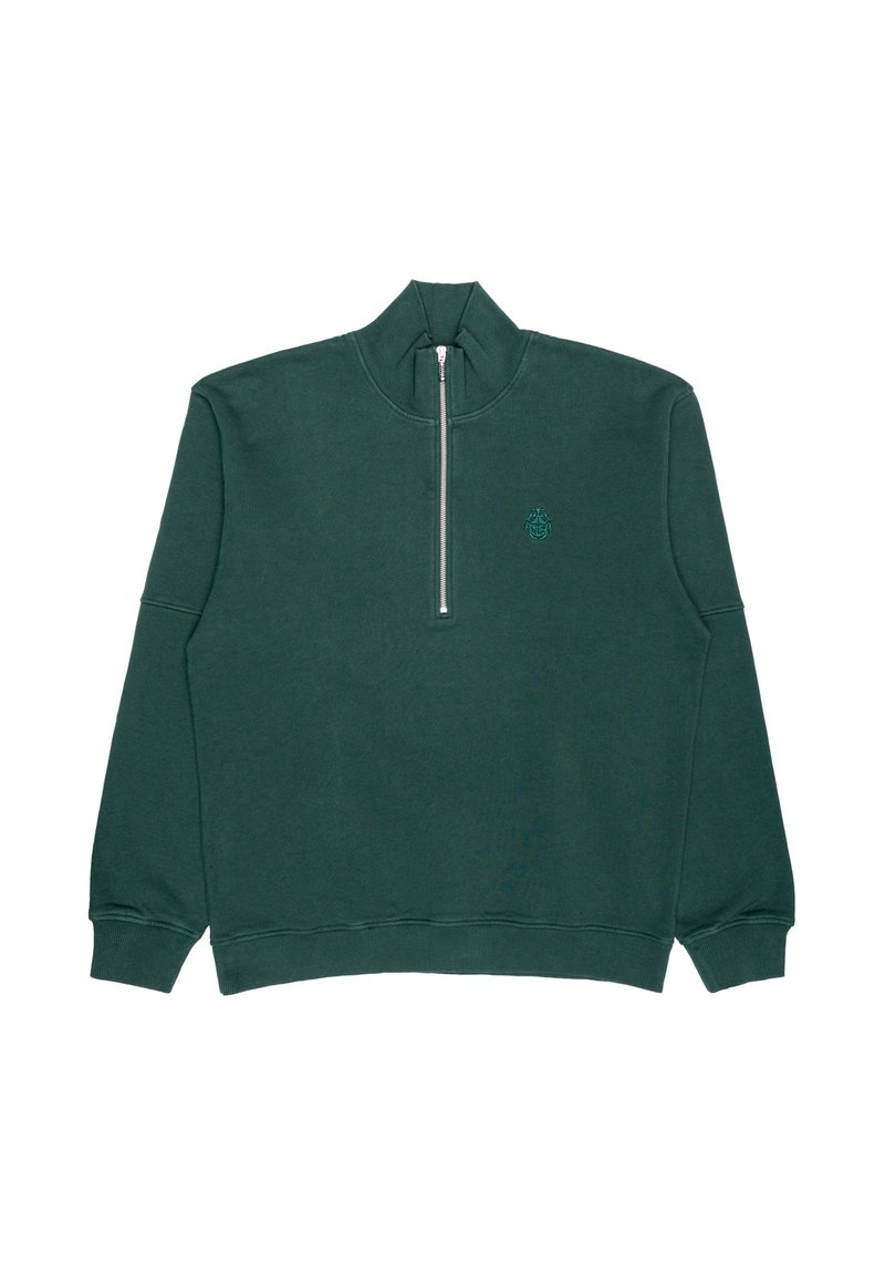 Sudadera verde oscuro con un alto cuello, cierre de media cremallera en la parte delantera y logo bordado. Fabricada con una suave tela texturada y puños y dobladillo de canalé.
