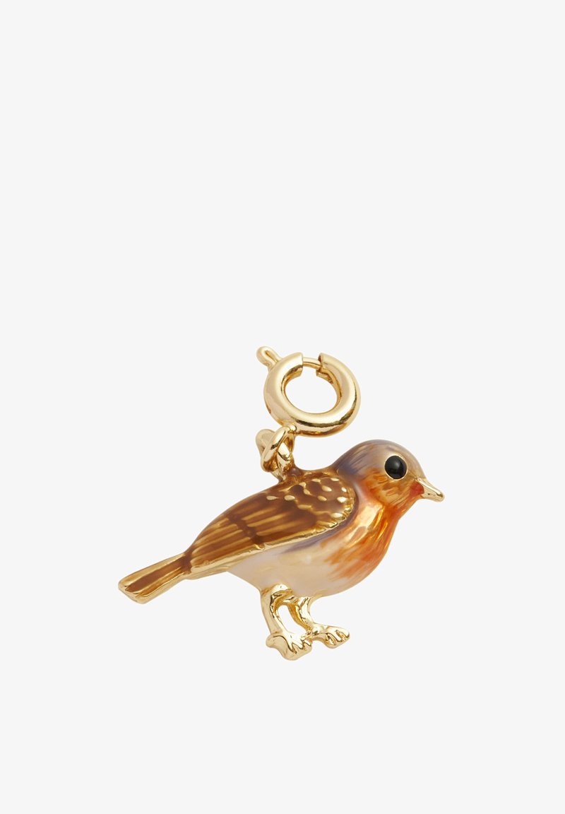 Gold-tone bird charm with intricate detailing; orange and brown enamel finish; black bead eyes; attached clasp for easy fastening.